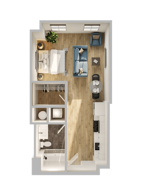 Floor plan for studio, 1 bath, 448 sqft